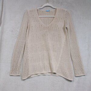 J. McLaughlin Beige V-Neck Open Stitch Long Sleeve Knit‎ Sweater Size XS
